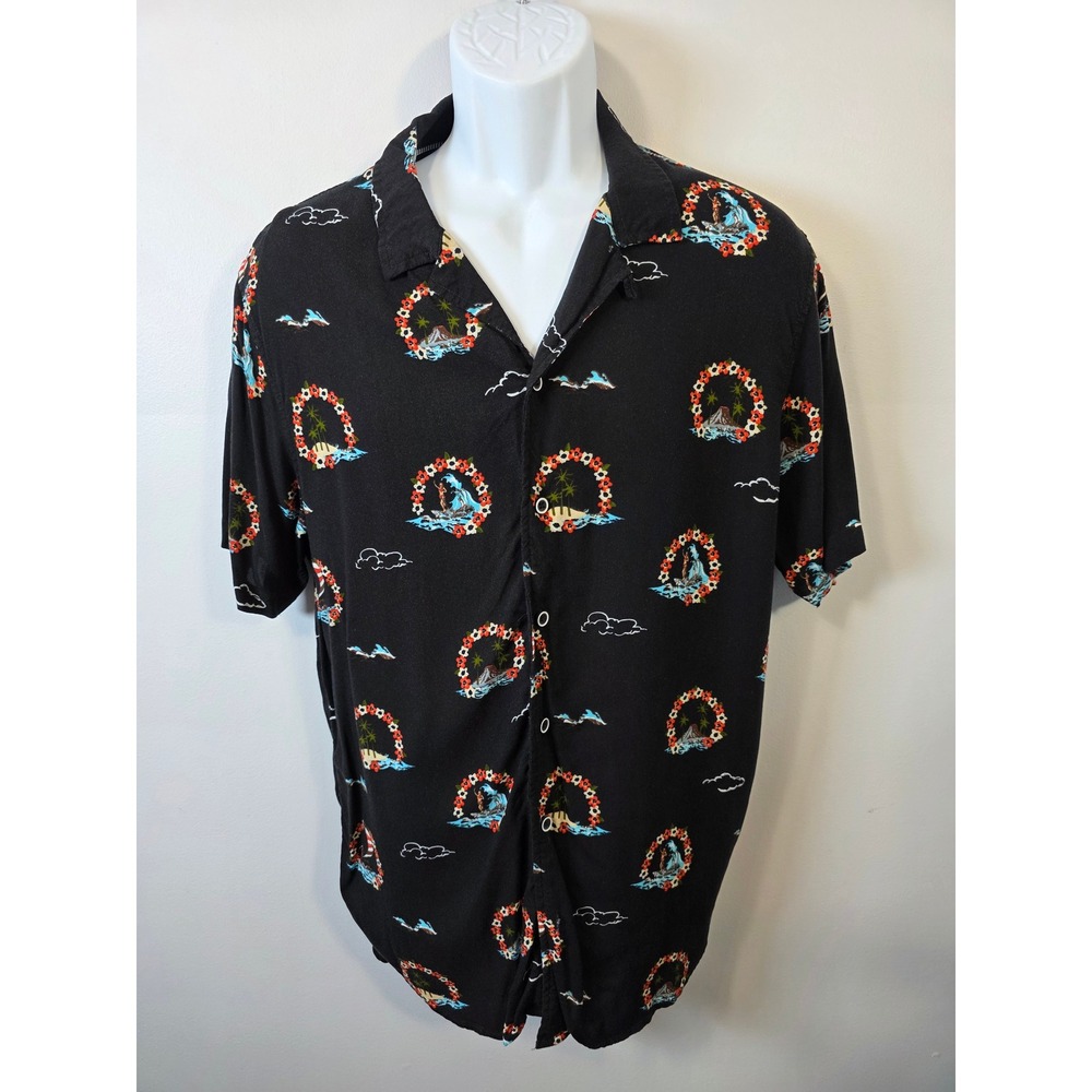 Free Planet Mens XL Black Tropical Aloha Shirt Rayon Short Sleeve